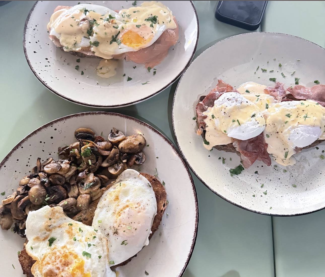 Brunch plates with poached eggs, mushrooms and toast