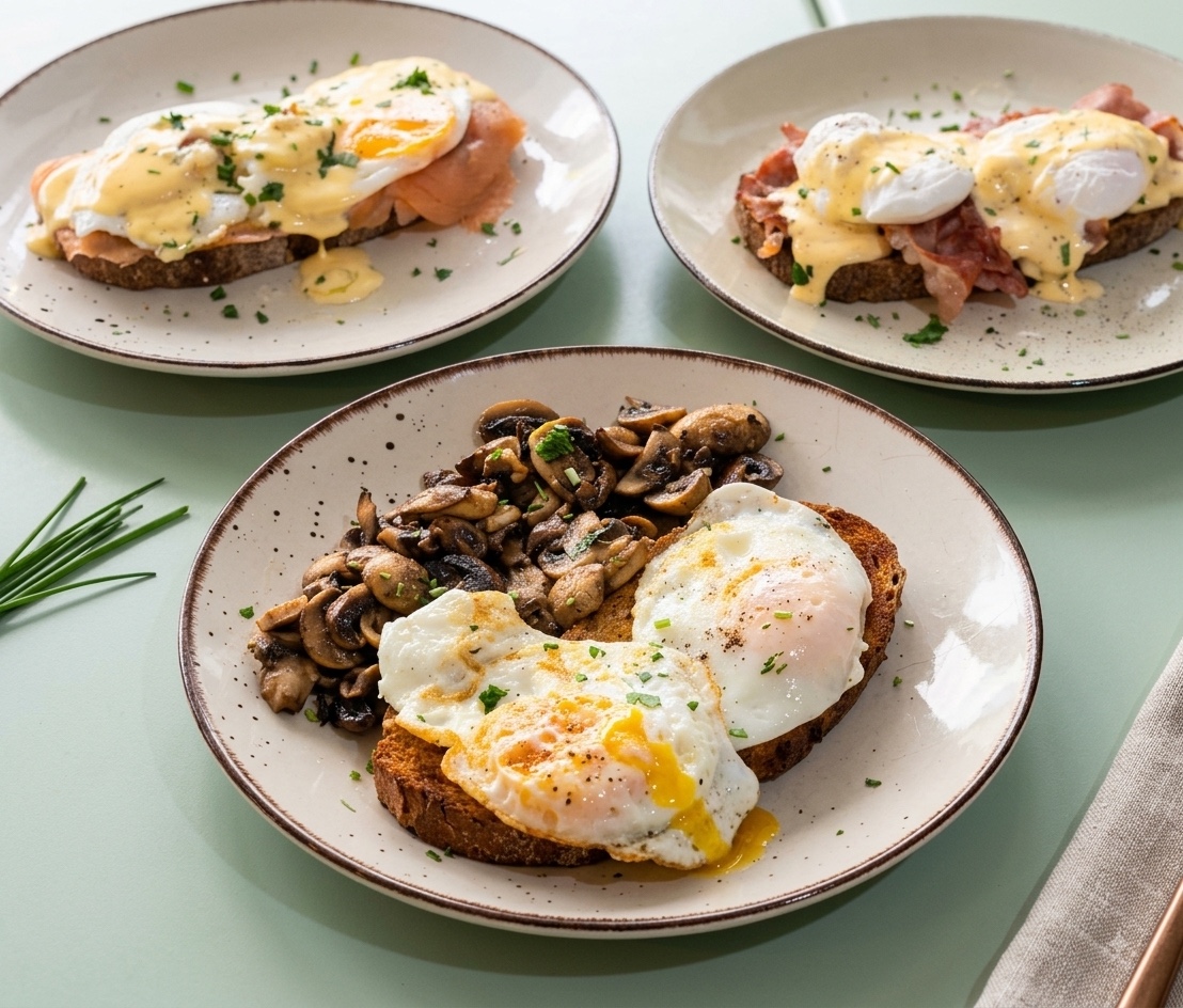Three plates of eggs, mushrooms and breakfast dishes