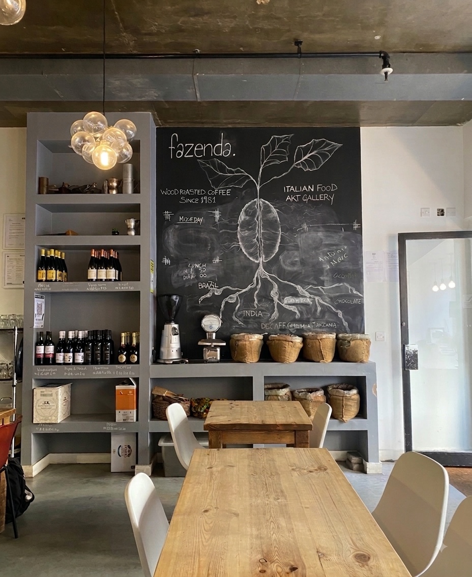 Fazenda’s café interior with its hand-drawn coffee artwork