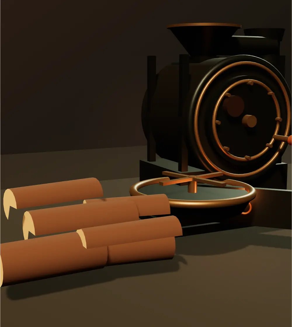 Traditional wood-fired coffee roaster beside seasoned wood.